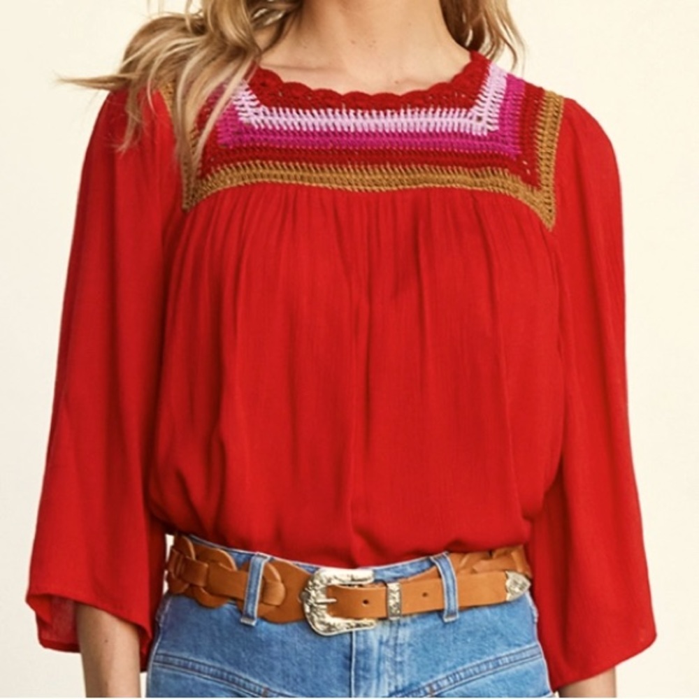 Brand new Antik Batik red blouse crochet
